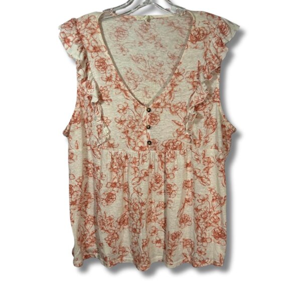 Como Blu Womens 1X White Floral Toile Print Ruffle Sleeve Flowy Linen Blend Tank - Picture 1 of 9